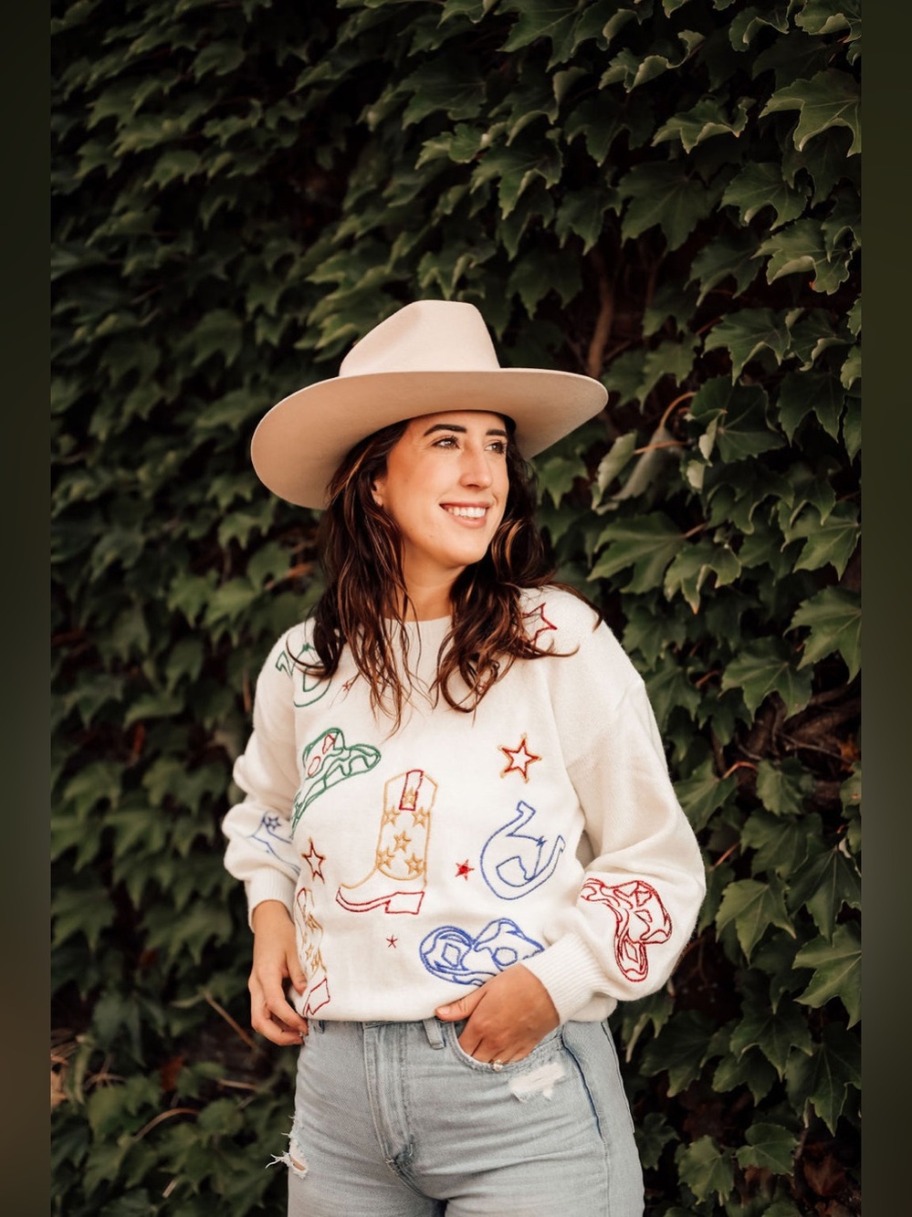 Eloise Raye Howdy Metallic Embroidered Western Cowboy Sweater Cream | Size S